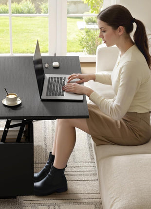 Lift-Top Coffee Table with Concealed Storage, Square Wood Design for Living Room and Home Office, Black Finish