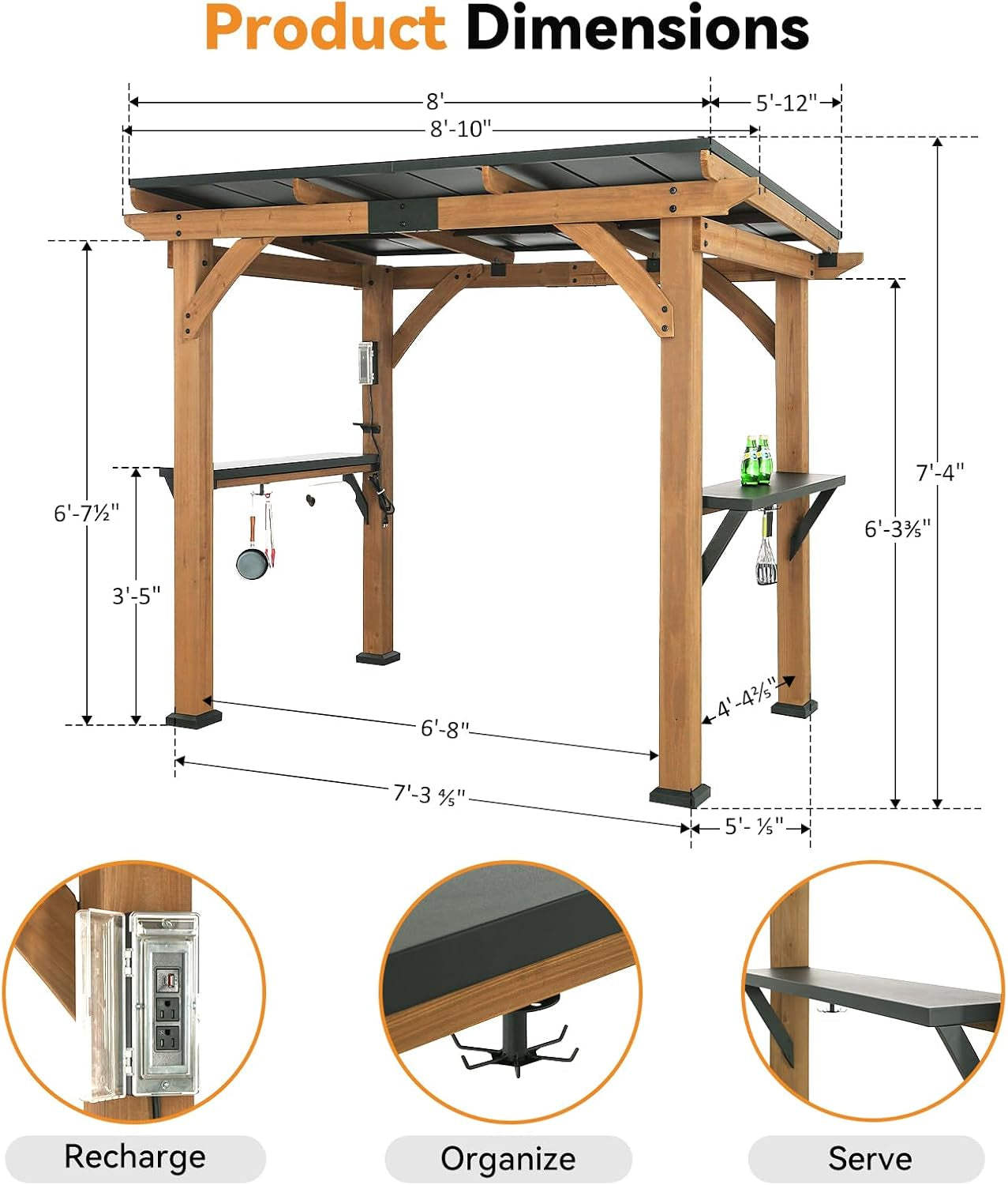 Modern Shade Grill Gazebo 6' X 8', Cedar Wood Gazebo with Shelves and Paper Towel Holder, Patio Pavilion with Galvanized Steel Roof, USB and USB-C Charging Ports for Patio Backyard
