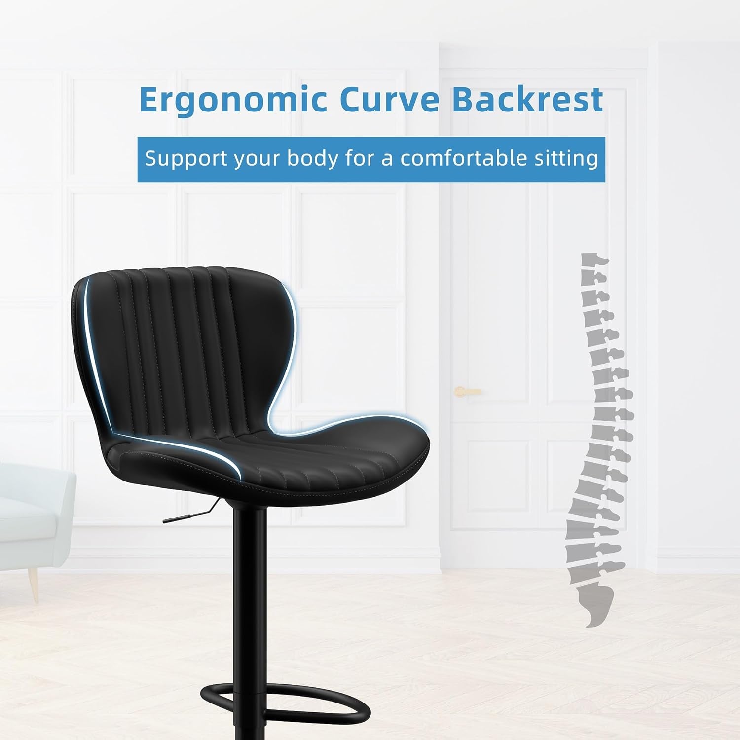 Bar Stools Set of 4 Modern Swivel Bar Chairs, Counter Height Faux Leather Metal Barstools, Upholstered Island Chairs with Back and Footrest, Black