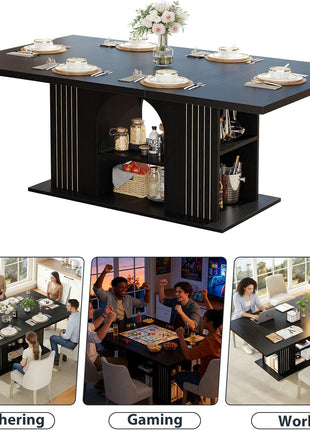 71-Inch Rectangular Black Oak Dining Table for Six with Storage, Durable Base, and Sophisticated Design for Contemporary Kitchens and Dining Areas