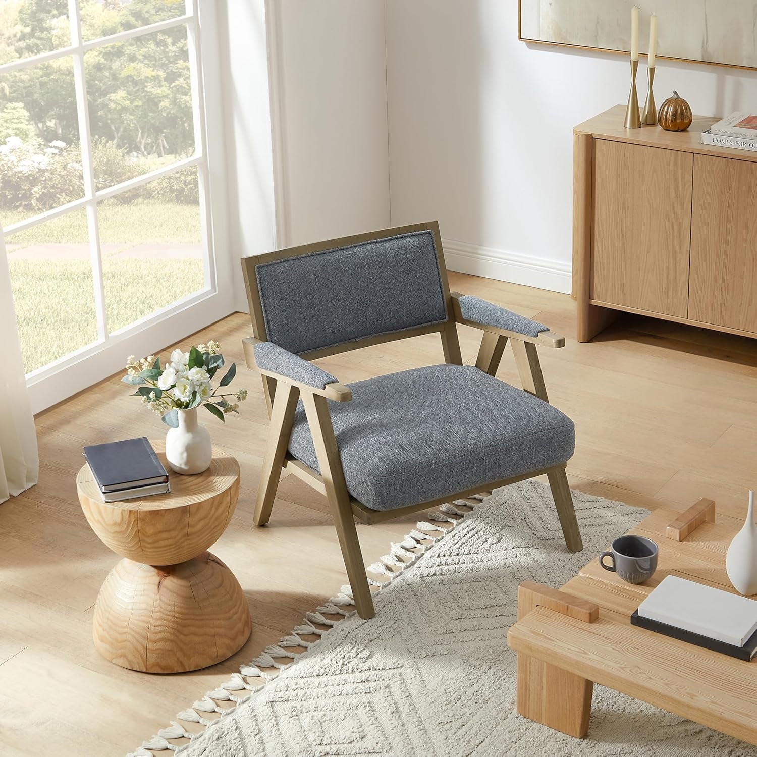 Mid-Century Modern Living Room Chair - Faux Shearling Upholstered Accent Chair with Solid Wood Frame, 265Lb Weight Capacity, Comfortable Seating for Living Room Bedroom Grey