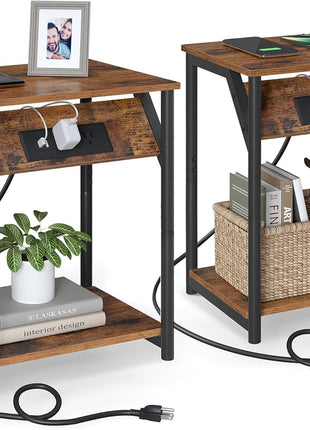 Set of 2 Rustic Brown and Black End Tables with Charging Station, Nightstands Featuring Outlets and USB Ports, Ideal for Living Room and Bedroom with Storage Shelf