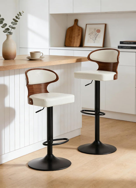 Set of 2 Adjustable 360° Swivel Bar Stools with Solid Wood Back and Footrest, Leather Counter Height Chairs for Bar, Kitchen, and Dining Room (White)