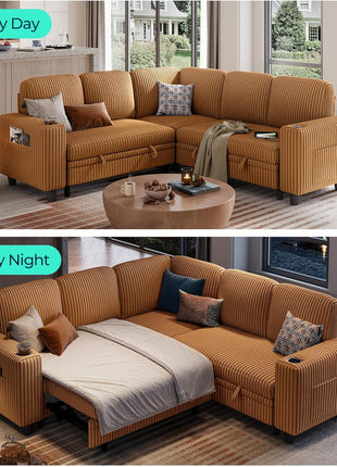 Convertible Sectional Sleeper Sofa with Pull-Out Bed, Plush Corduroy Upholstery, Storage Chaise & USB Charging – Ideal L-Shaped Modular Sofa for Living Room or Apartment in Elegant Brown