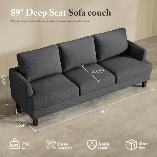 3 Seater Sofa Couch with Deep Seats, 89" Mid Century Modern Upholstered Sofa with Armrests, Comfy Couches for Living Room, Bedroom, Apartment and Office (Dark Grey)