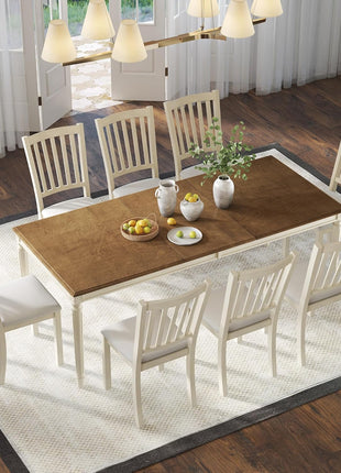 9-Piece Solid Wood Dining Set with 8 Upholstered Chairs, Rustic Cream Finish, 79-Inch Table with Roman Conical Legs, Accommodates Up to 8 for Kitchen and Dining Room