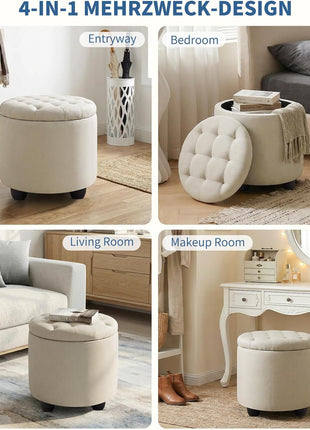 Contemporary Beige Round Storage Ottoman with Button Tufting and Detachable Lid for Living Room, Bedroom, and Makeup Space