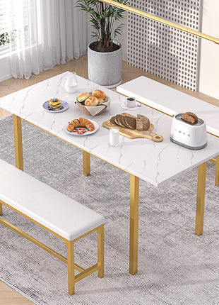 63" Extendable 3-Piece Kitchen Table Set with Benches and Chairs, Modern Dining Solution for 4 to 6, Space-Saving Design, Easy Assembly