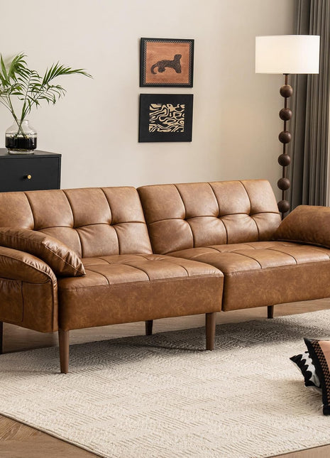 Luxurious 85” Futon Sofa Bed with Storage and Adjustable Armrests - Mid Century Modern Faux Leather Loveseat for Living Room, Bedroom, and Apartment in Elegant Brown Design