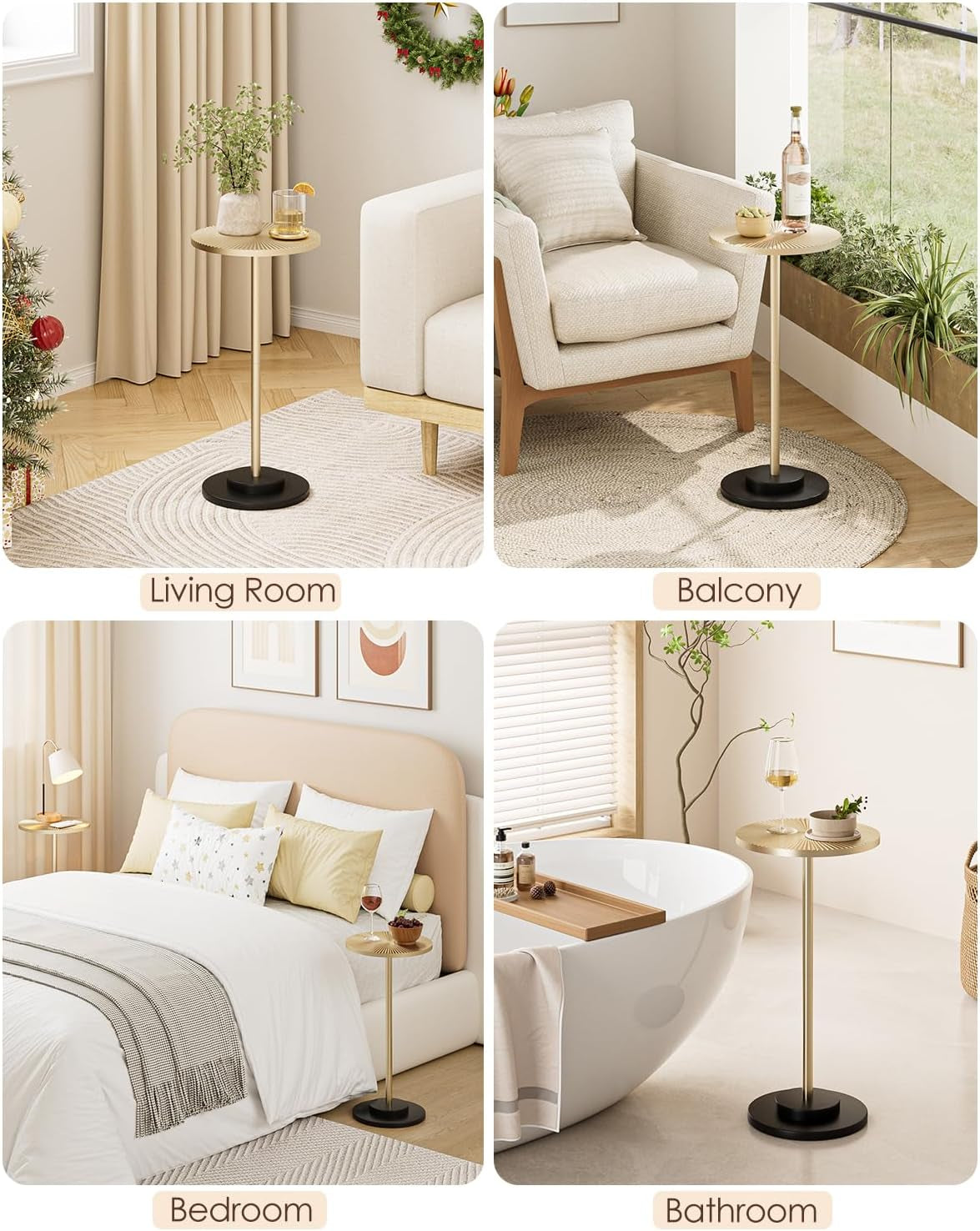 Round Side Table, Small Drink Table for Small Spaces, Modern Accent End Table with Metal Leg for Living Room, Bedroom, Corners, and Office (Gold)