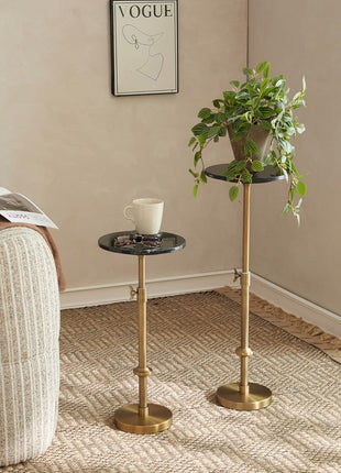 Adjustable-Height Modern Marble Accent Table - 10x10x22-30, Black Marble & Antique Brass, Round End Table with Pedestal Base for Compact Spaces, Vintage Metal Martini Cocktail Table