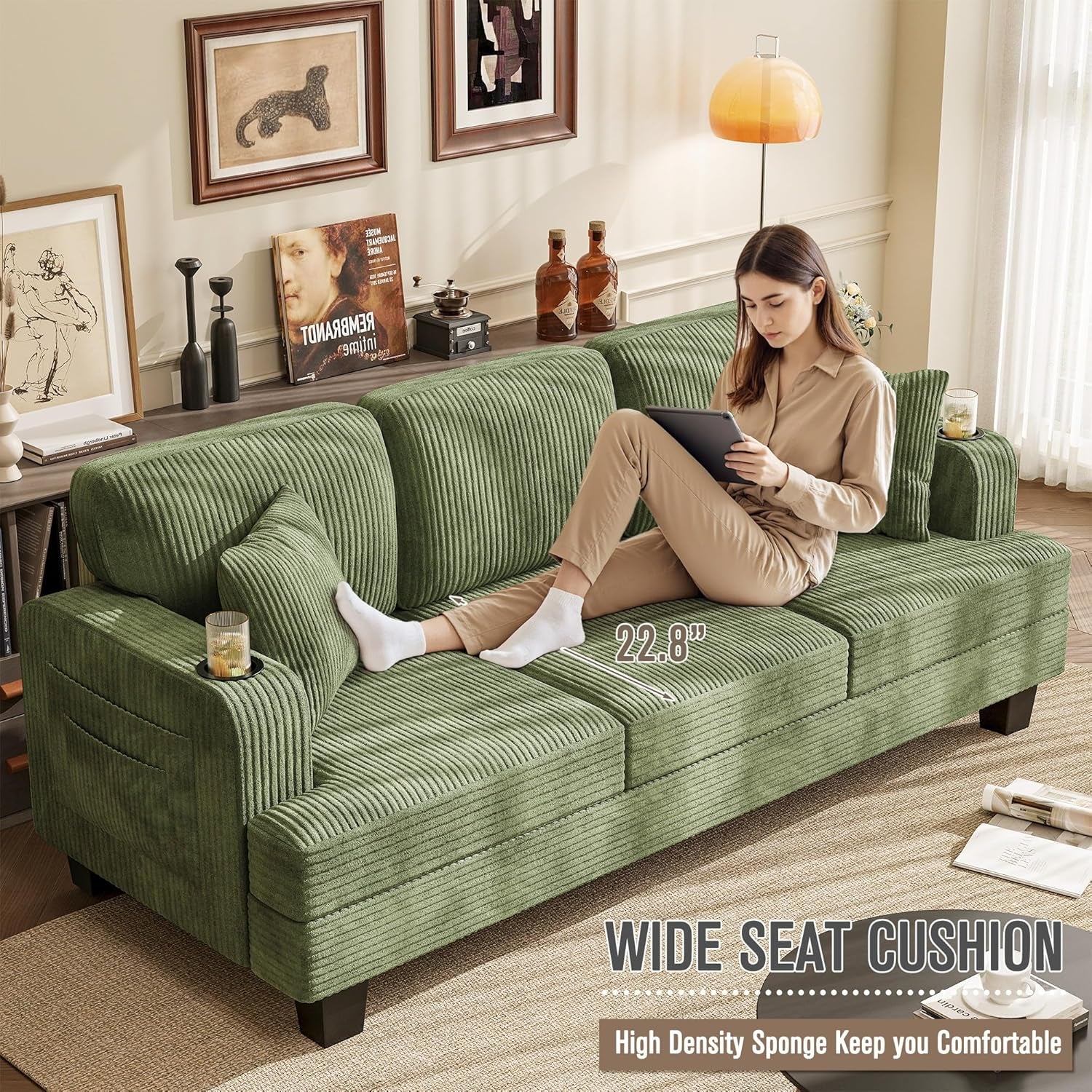 Couches for Living Room, 83" Couch with Soft Deep Seats, Modern Sofa 3 Seater in Corduroy for Apartment, Bedroom (Olive Green)