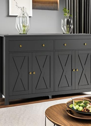 55-Inch Sideboard Buffet Cabinet with Storage Solutions, Including 2 Drawers and 4 Doors, Wood Coffee Bar Buffet Table for Kitchen and Dining Room in Black Finish