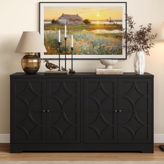 Sideboard Buffet Cabinet, 56" Modern Credenza with 4 Doors and Adjustable Shelves, Wood Accent Cabinet Console Media for Entryway, Living Room, Kitchen, Satin Black