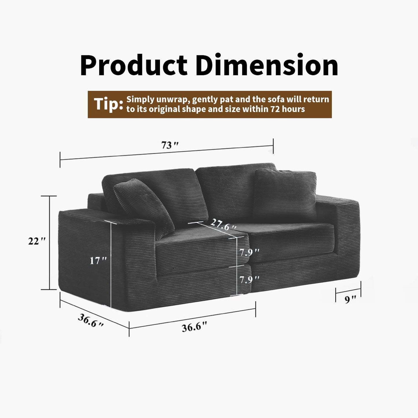 Modular Sectional Sofa, Modern Modular Sofa Couch with Deep Seat，Comfy Cloud Couch, Sectional Couches for Living Room, Bedroom and Apartment，2-Seater，Dark Grey