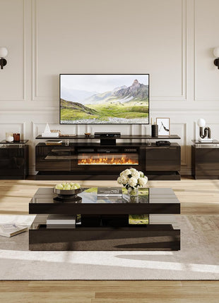 Elevate Your Living Room Aesthetic with a 4-Piece Contemporary Table Set Including a High Gloss Fireplace TV Stand, LED Coffee Table, and Two Stylish End Tables with Storage Drawers.