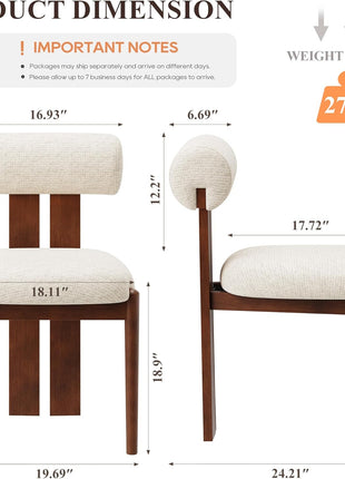 Set of 6 Contemporary Wooden Dining Chairs with Upholstered Fabric and Sculptural Backrest, Mid-Century Farmhouse Style, Solid Wood Legs, Beige