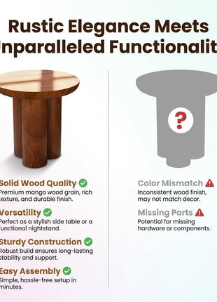 Gaia Round End Table - Solid Mango Wood for Rustic Elegance in Living Room and Farmhouse Décor - Versatile Side Table and Nightstand in Walnut Finish