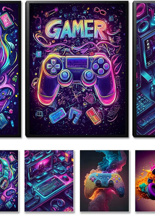 Game Room Canvas Wall Art Set - 16x12 Inch Framed 3-Piece Collection with 6 Additional 8x10 Posters, Neon Gaming Theme Decor for Boys and Youth Bedrooms