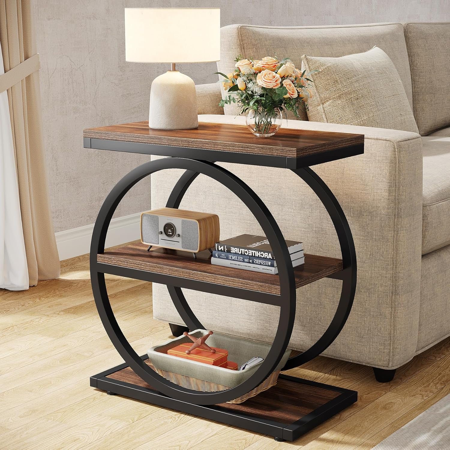End Table, Narrow End Table with 3 Storage Shelves, Wood Side Table with Black Metal Frames, Industrial Small Sofa Side Table for Living Room, Slim Nightstand and Bedside Table for Bedroom
