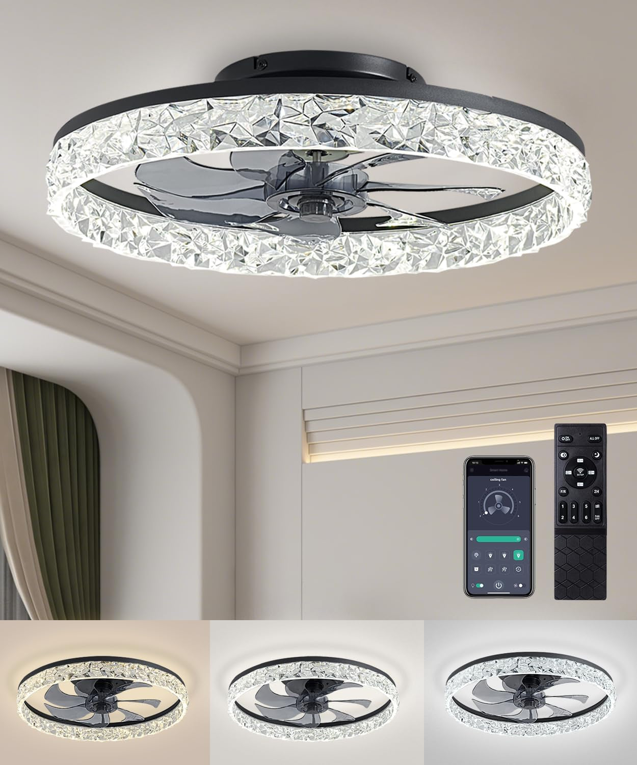 Ceiling Fans with Lights and Remote, 19.7" Low Profile Ceiling Fan with Light, 3000-6500K Dimmable, 6 Speeds and Stepless Color Temperature Change for Bedroom, Living Room and Kids Room(Black)