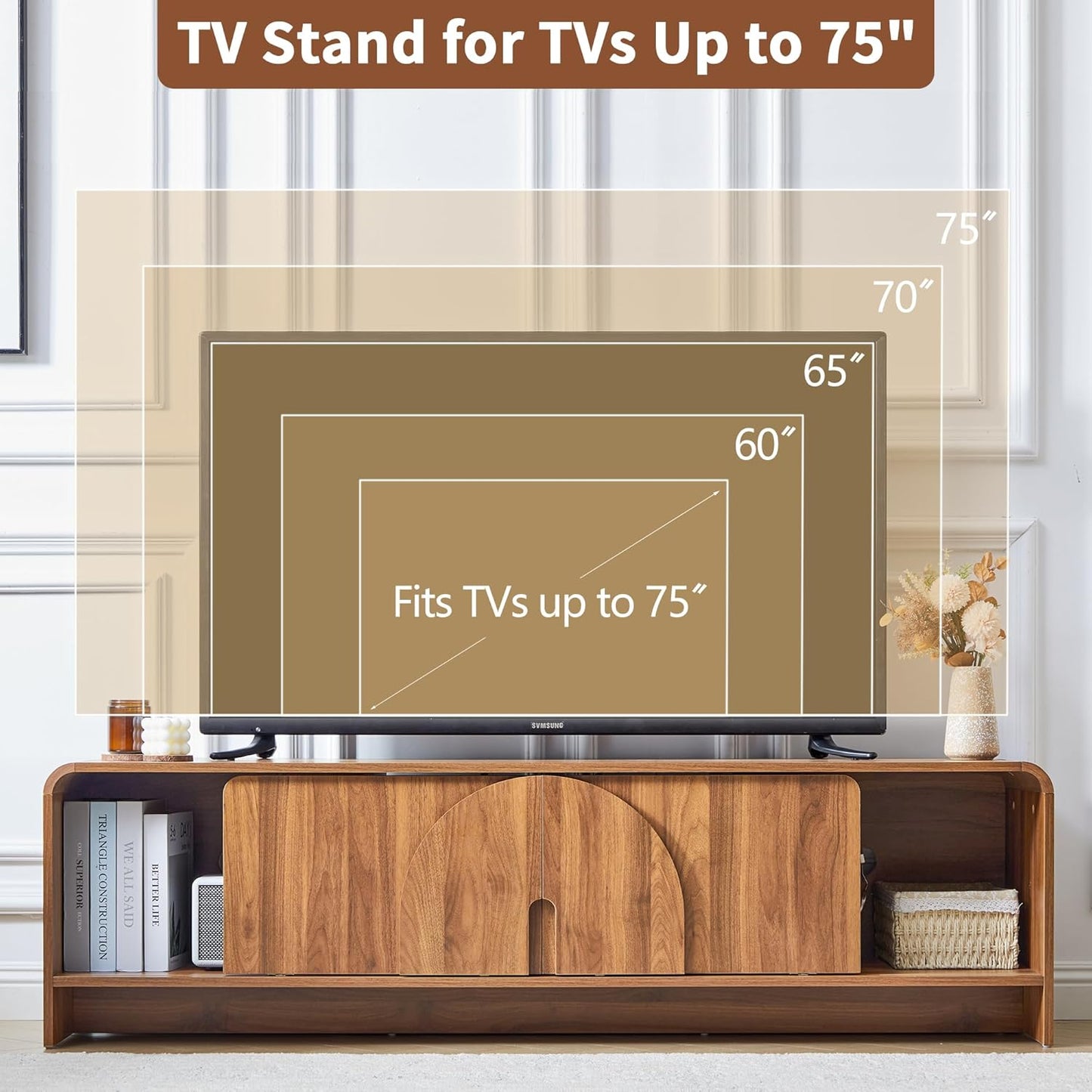 63'' TV Stand for up to 75" Tvs,Mcm TV Console Table with Big Arched Handle,Television Stands Entertainment Media Center with Sliding Door for Living Room Bedroom (Walnut)