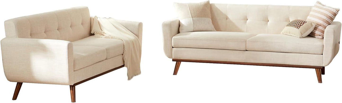 2 Piece Loveseat and Sofa Sets, Mid Century Modern Decor Love Seat Couches for Living Room, Button Tufted Upholstered Furniture, Easy to Install Small Couch for Bedroom, Office, Beige | Linen Fabric, Button Tufted, Solid Wood Foot, Pocket Spring, Wood Sla