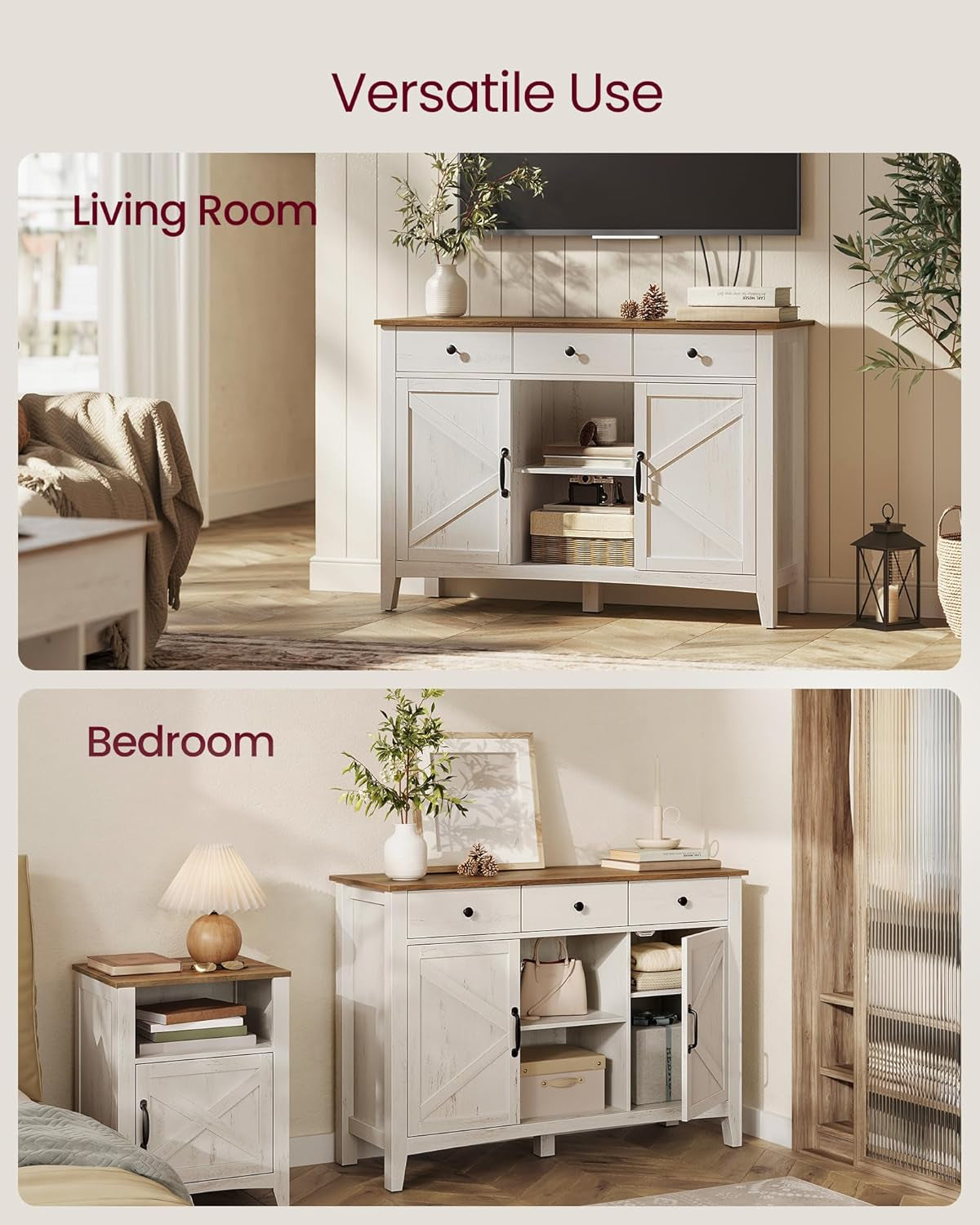 LIRY Collection - Buffet Cabinet, Coffee Bar Cabinet with 3 Drawers, Adjustable Shelves, Sideboard Storage with Cable Holes, Drawer Dividers, Rustic White and Honey Brown UBBK371W01V1