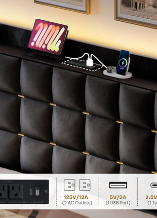 Queen Size Velvet Upholstered Bed Frame with 3 Storage Drawers, RGB LED Lights, Charging Station, and Storage Headboard - No Box Spring Required, Easy Assembly, Noise-Free, Black