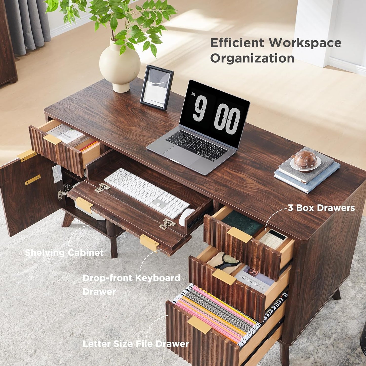 Fluted Executive Desk with Drawers, 60" Modern Home Office Computer Desk with Charging Station, File Cabinet, Keyboard Tray and Storage Cabinet for Study, Living Room, Bedroom, Dark Walnut