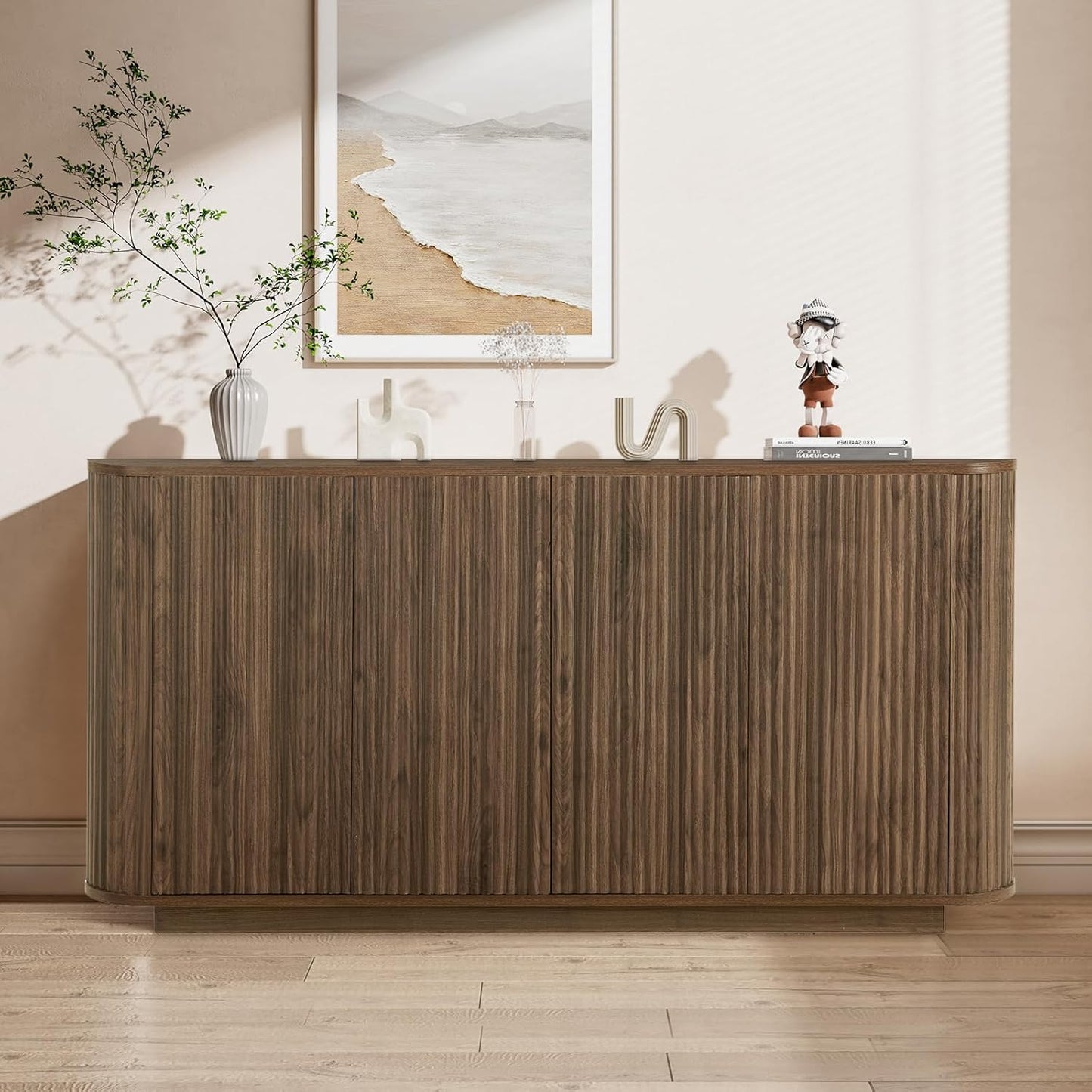 64" Sideboard Buffet Cabinet with Storage, Modern Fluted Accent Credenza with Adjustable Shelves, Wood Media Console Coffee Bar Table for Living Room Kitchen Dining Room, 31.5" H, Walnut