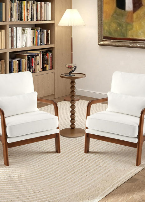 Set of 2 Mid-Century Modern Accent Chairs with Armrests and Cushions, Perfect for Living Room and Bedroom, Solid Wood Frame, Cream Finish