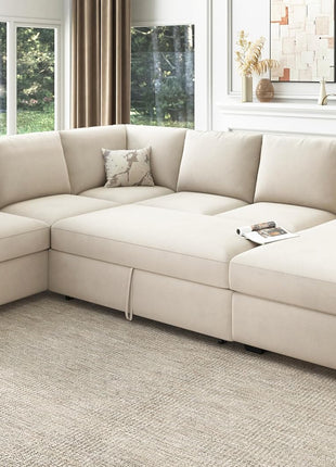 Elegant U-Shaped Sectional Sofa with Pull-Out Bed and Storage in Velvet Beige