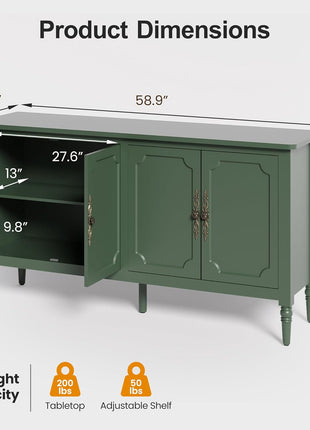 59-Inch Vintage Buffet Cabinet with Adjustable Shelves and Carved Handle, Mid-Century Modern Forest Green Sideboard for Kitchen and Dining Room