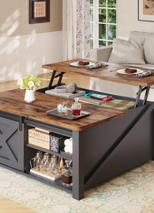 31.5" Lift-Top Coffee Table with Storage Solutions, Square Farmhouse Design with Spacious Hidden Compartment and Adjustable Shelves, Black Finish