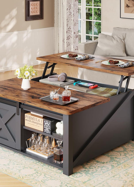 31.5" Lift-Top Coffee Table with Storage Solutions, Square Farmhouse Design with Spacious Hidden Compartment and Adjustable Shelves, Black Finish