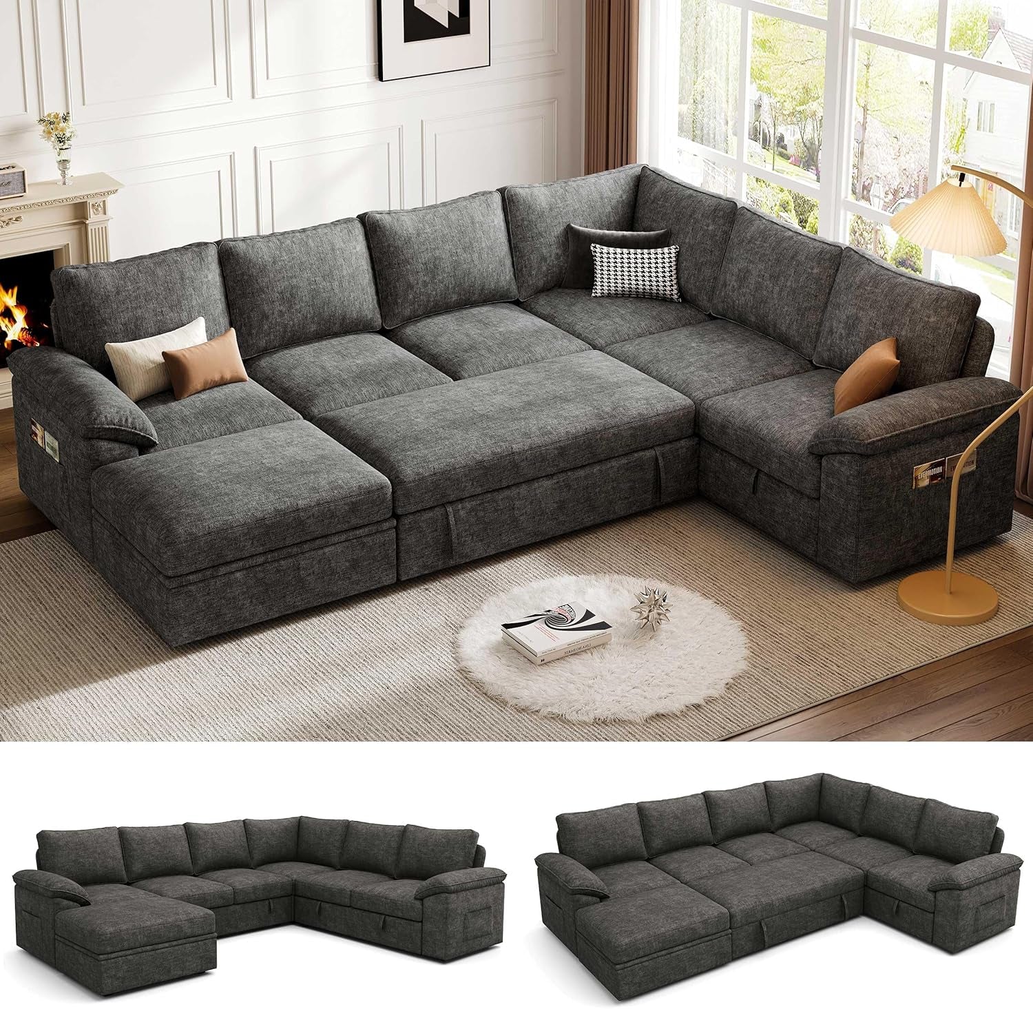 108 Inch Sectional Sleeper Sofa with Pull Out Bed, U Shaped 7 Seat Modular Sectional Sofa with Storage, Sectional Couches for Living Room, Cloud Modular Couch,Removable Sofa Cover, Dark Grey