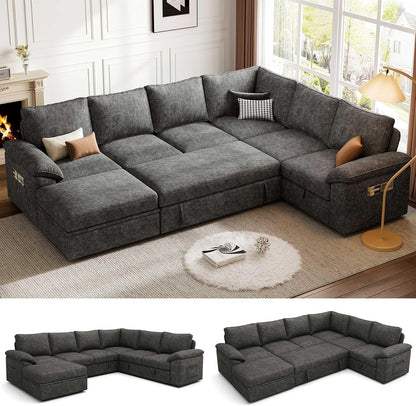 108 Inch Sectional Sleeper Sofa with Pull Out Bed, U Shaped 7 Seat Modular Sectional Sofa with Storage, Sectional Couches for Living Room, Cloud Modular Couch,Removable Sofa Cover, Dark Grey