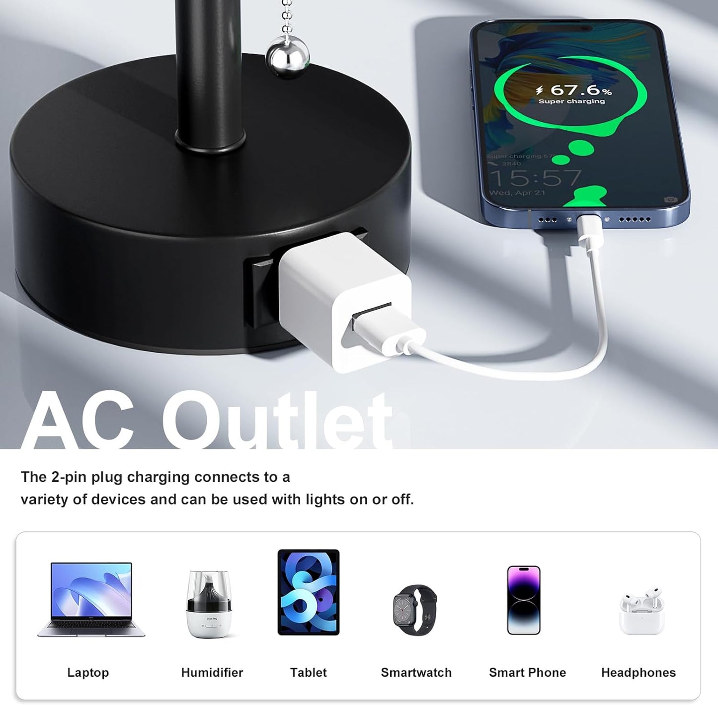 Bedside Table Lamps Set of 2-3 Color Temperatures Pull Chain Lamp with AC Outlet Charging Port, Small round Night Stand Lamps for Bedroom Guest Room Office, Bed Side Light with E26 LED Bulbs