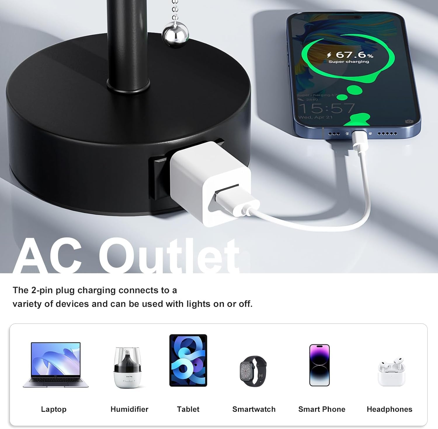 Bedside Table Lamps Set of 2-3 Color Temperatures Pull Chain Lamp with AC Outlet Charging Port, Small round Night Stand Lamps for Bedroom Guest Room Office, Bed Side Light with E26 LED Bulbs