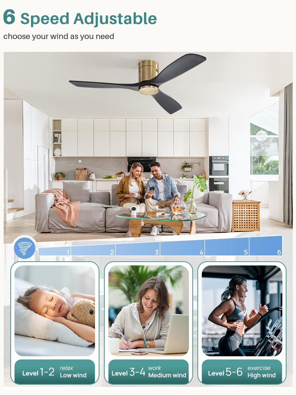 52 Inch Solid Wood Ceiling Fan without Lights Flush Mount Ceiling Fans with Remote Control-Wood Blades Modern Outdoor Ceiling Fan No Light for Bedroom/Farmhouse/Patio/Indoor, Black Gold