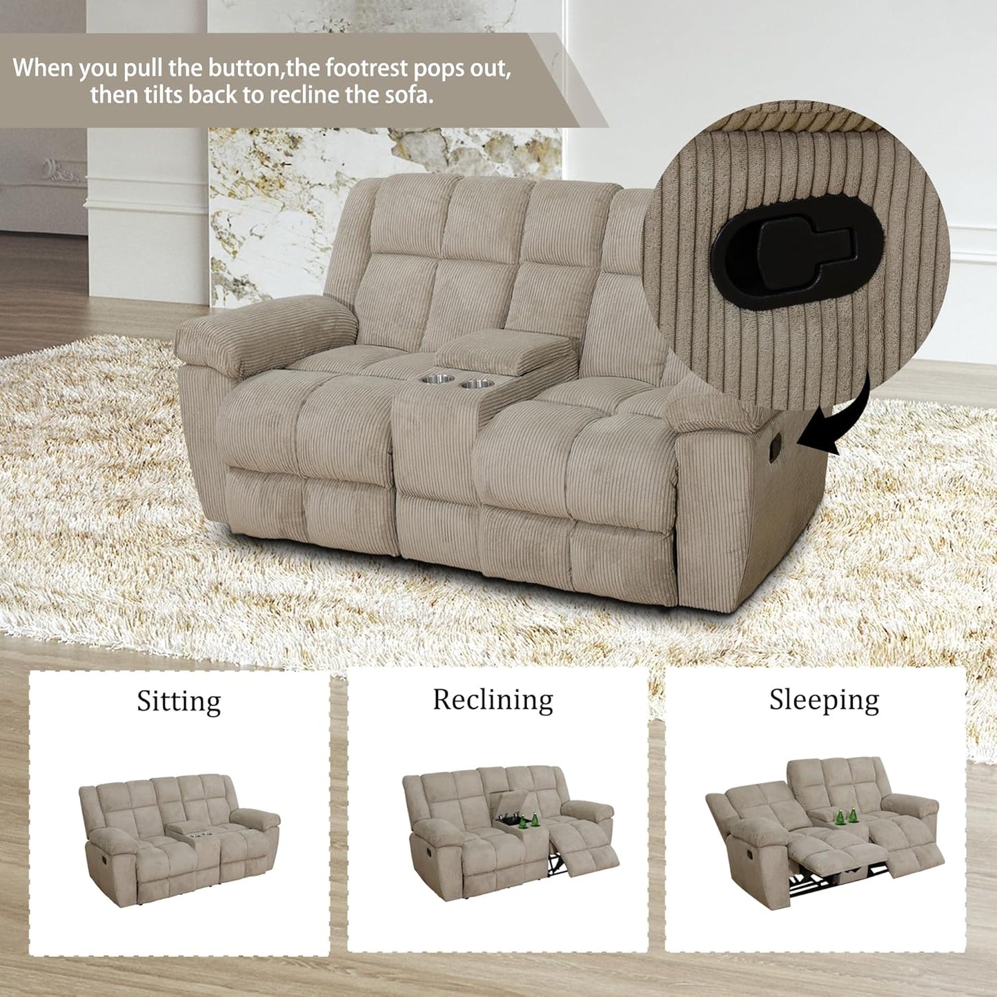 Corduroy Fabric Recliner Sofa Set, 3 Piece Living Room Furniture Set, Manual Reclining Sofa Couch and Chair with Cup Holders/Storage/Coffee Table (Beige)