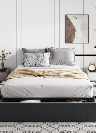 Full Size Upholstered Platform Bed Frame with 3 Storage Drawers, Wooden Slat Support, No Box Spring Required, Noise-Free Design, Easy Assembly, Dark Grey