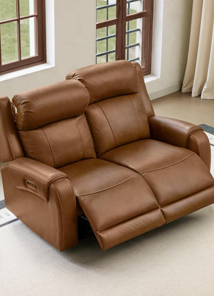 Genuine Leather Power Recliner Sofa with Wall Hugger Design, Dual Motors, USB Charging Ports, Ideal for Living Room and RV, Saddle Leather Finish