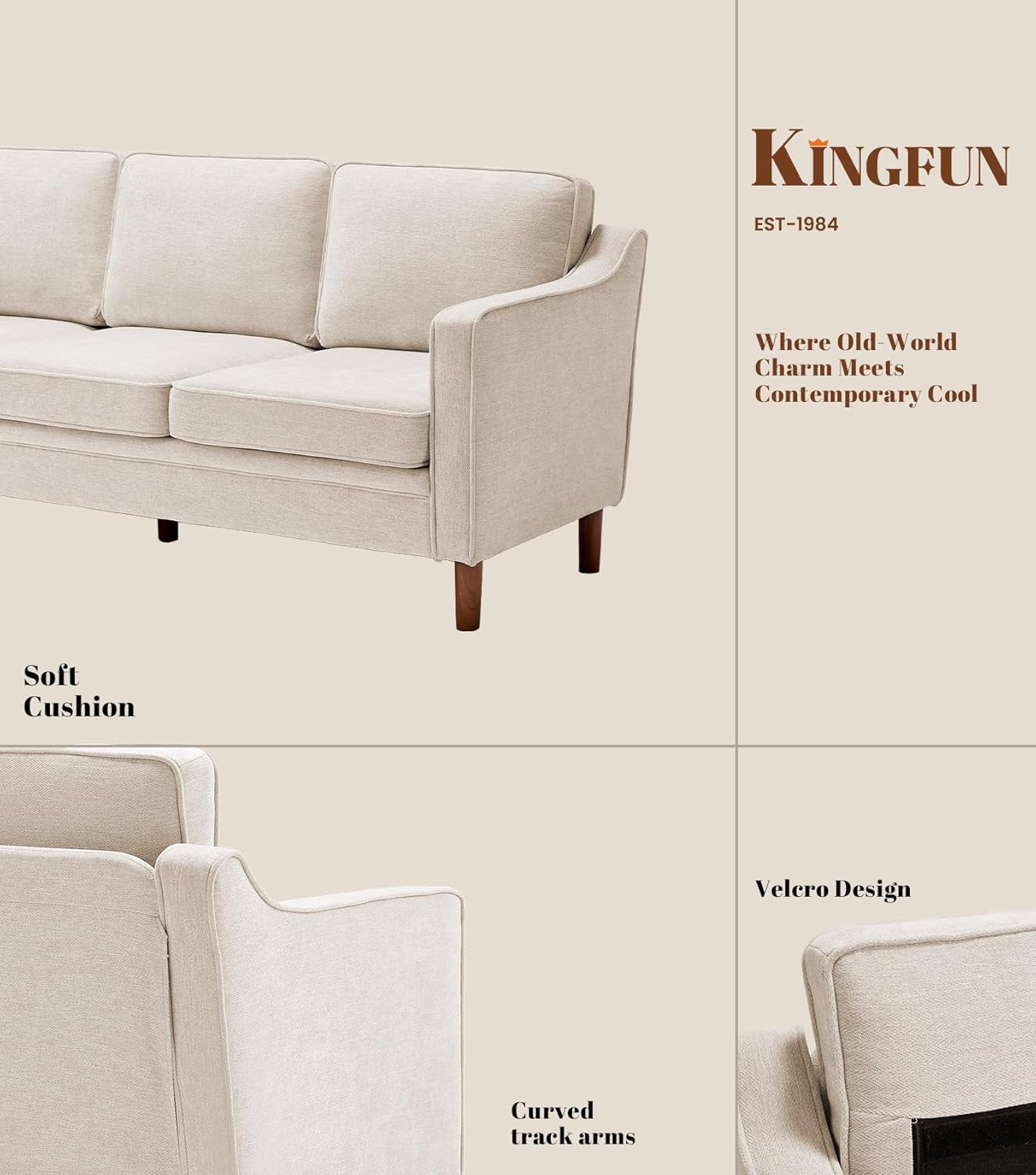 80" Chenille Sofa, 3 Seater Couch, Mid Century Modern Couches with Solid Wood Legs for Living Room & Bedroom, Beige