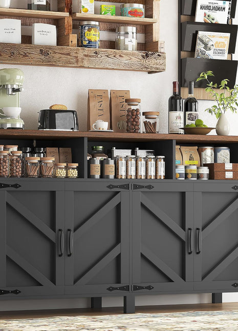 55-Inch Farmhouse Buffet Sideboard with Storage, 4-Door Wood Kitchen Cabinet and Coffee Bar Table with Shelves for Dining Room and Entryway (Black)
