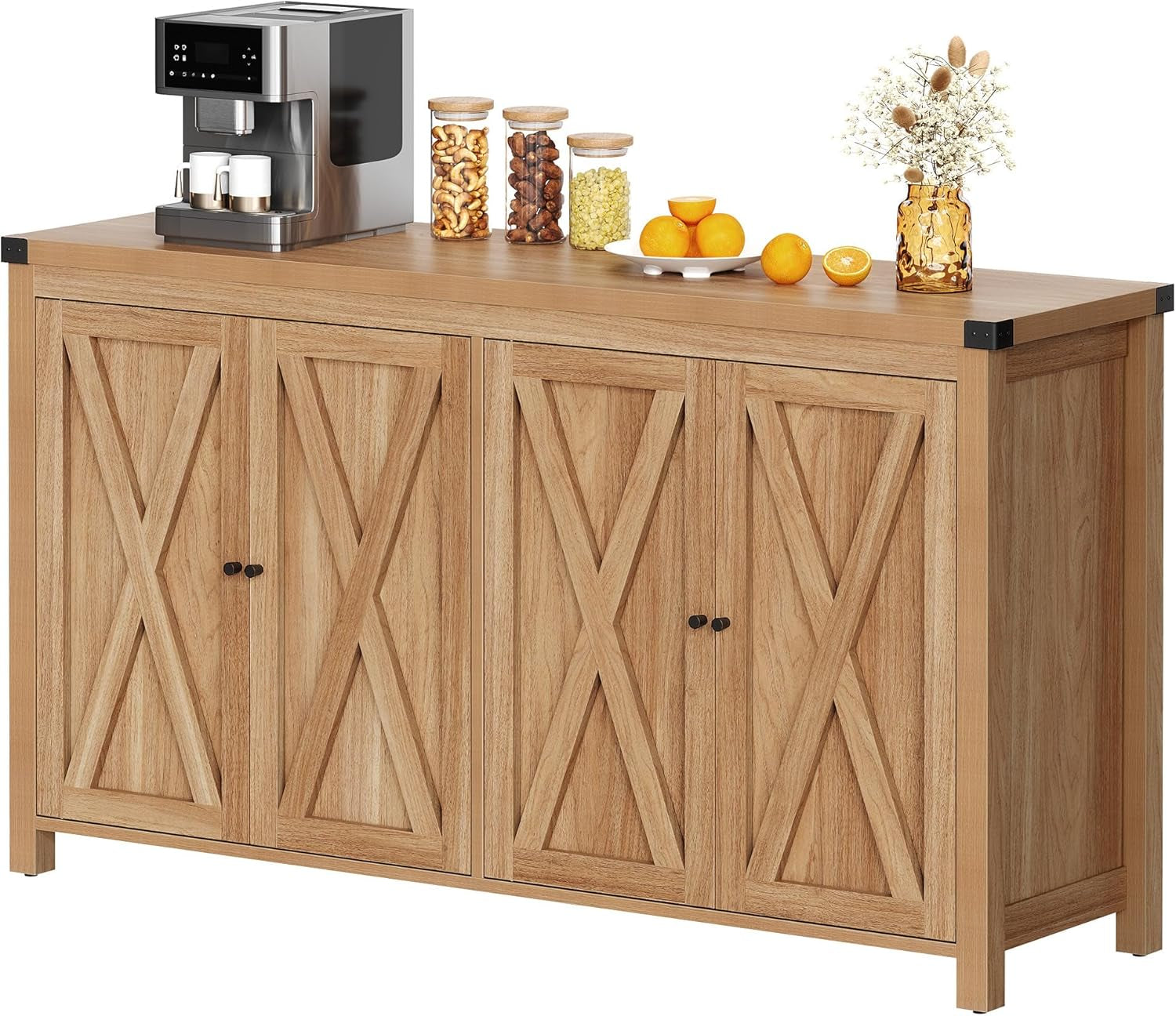 55'' Sideboard Buffet Cabinet with Storage, Farmhouse Large Coffee Bar Cabinet with Adjustable Shelf for Kitchen, Living Room, Oak