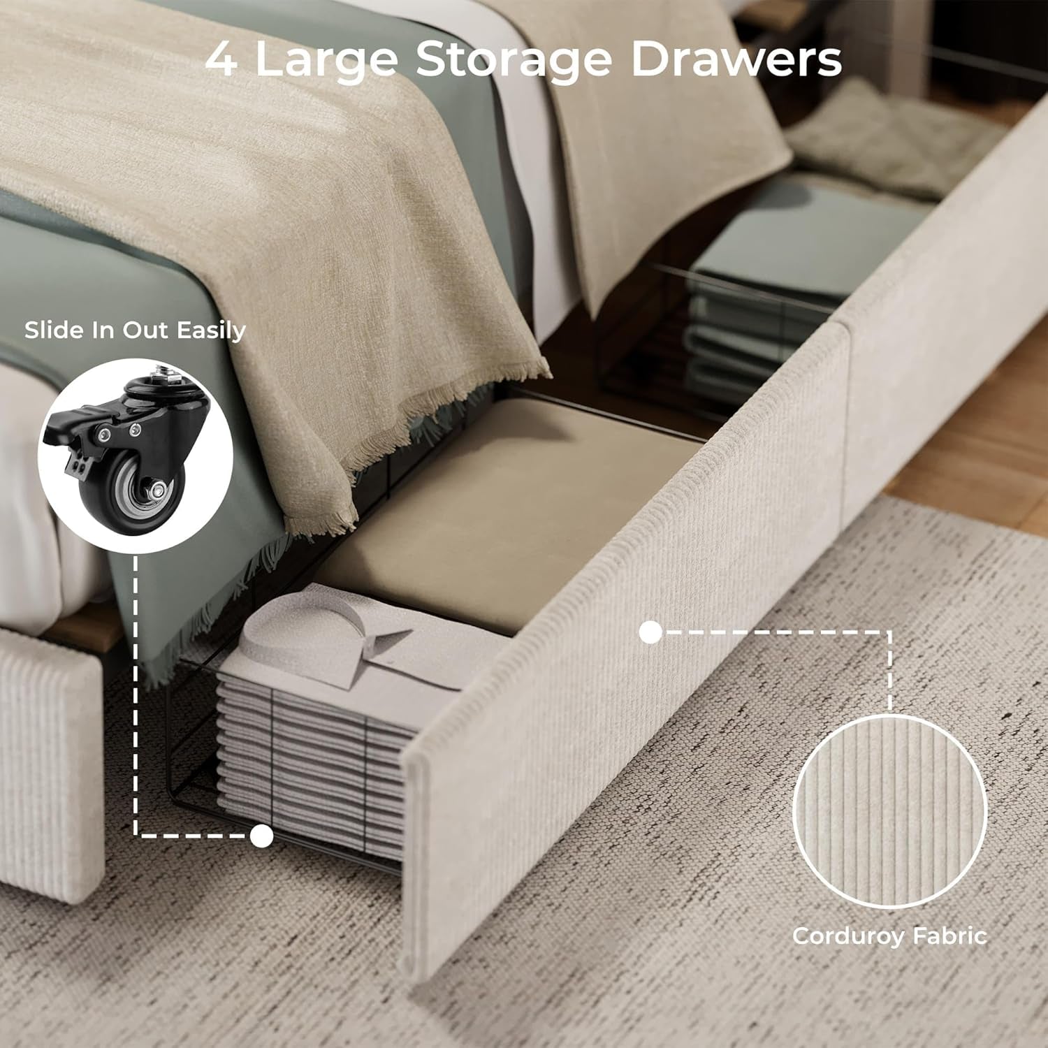 King Size Bed Frame with Tall Tufted Wingback Headboard, Platform Velvet Upholstered King Bed Frame with 4 Storage Drawers and Wooden Slats Support, No Box Spring Needed, Creamy White