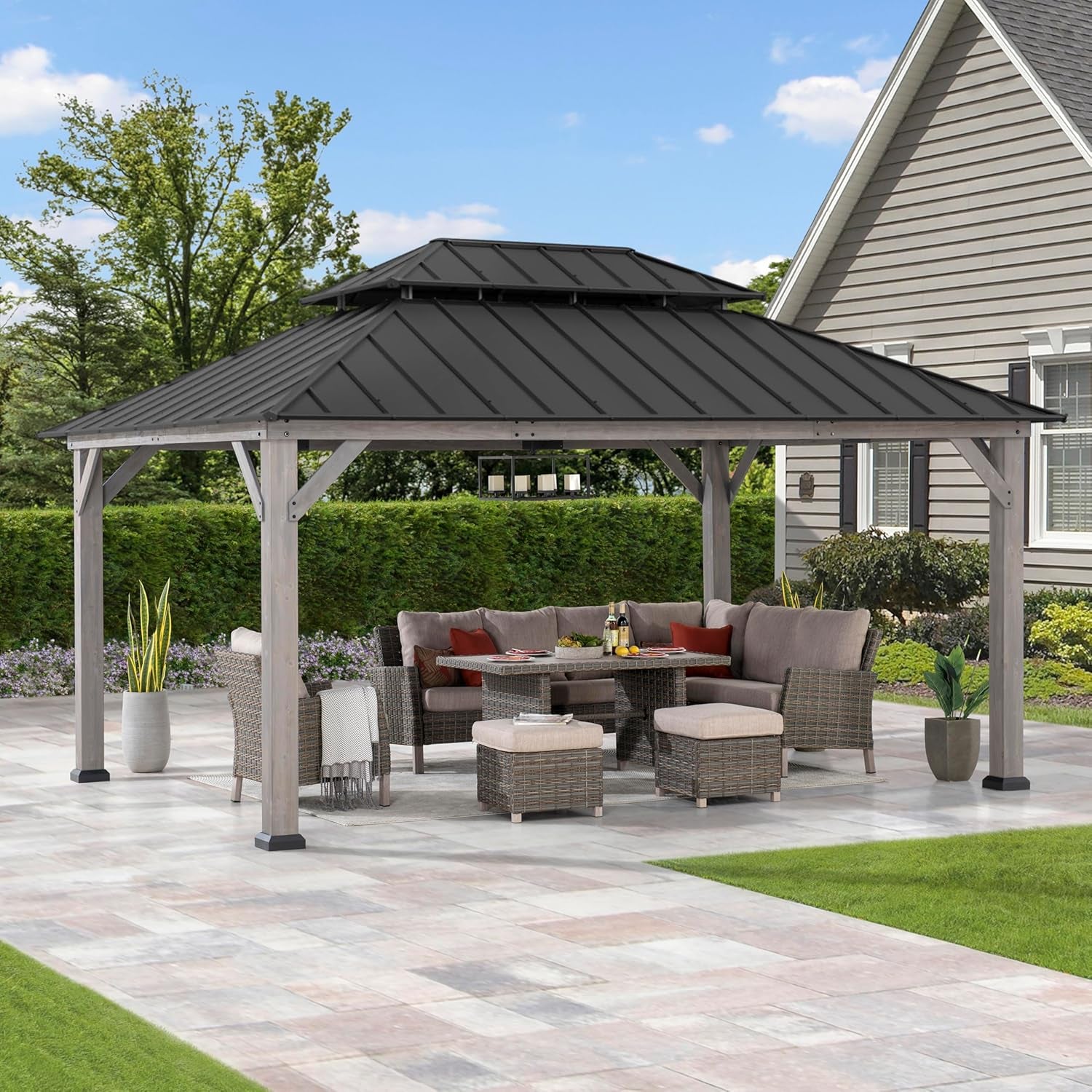 12 X 16 Ft. Wood Gazebo, Outdoor Patio Cedar Framed Steel Hardtop Gazebo with 2-Tier Metal Roof, Suitable for Patios, Lawn and Backyard, Matte Black Roof + Gray Wood Frame