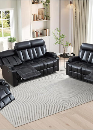 Premium PU Leather Manual Recliner Chair for Adults with Cup Holders and Padded Backrest, Overstuffed Heavy Duty Reclining Sofa for Living Room and Bedroom, Black